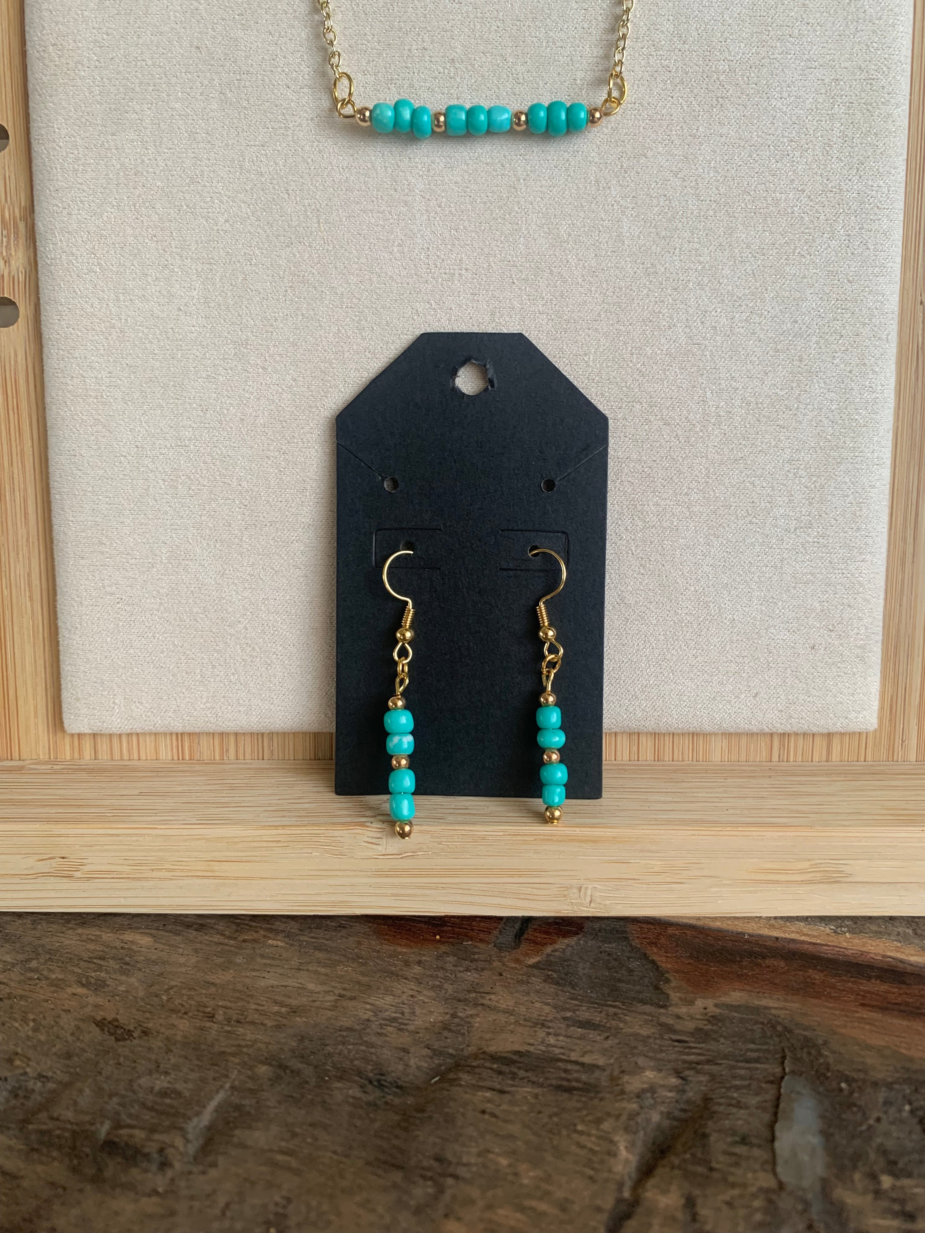 Turquoise/Gold Bar Necklace with Earrings - 16 Inch Necklace