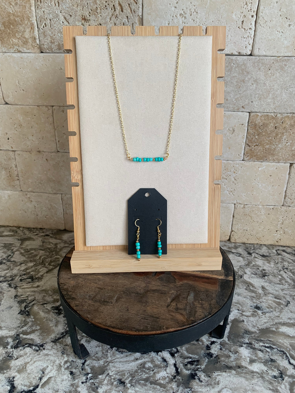 Turquoise/Gold Bar Necklace with Earrings - 16 Inch Necklace