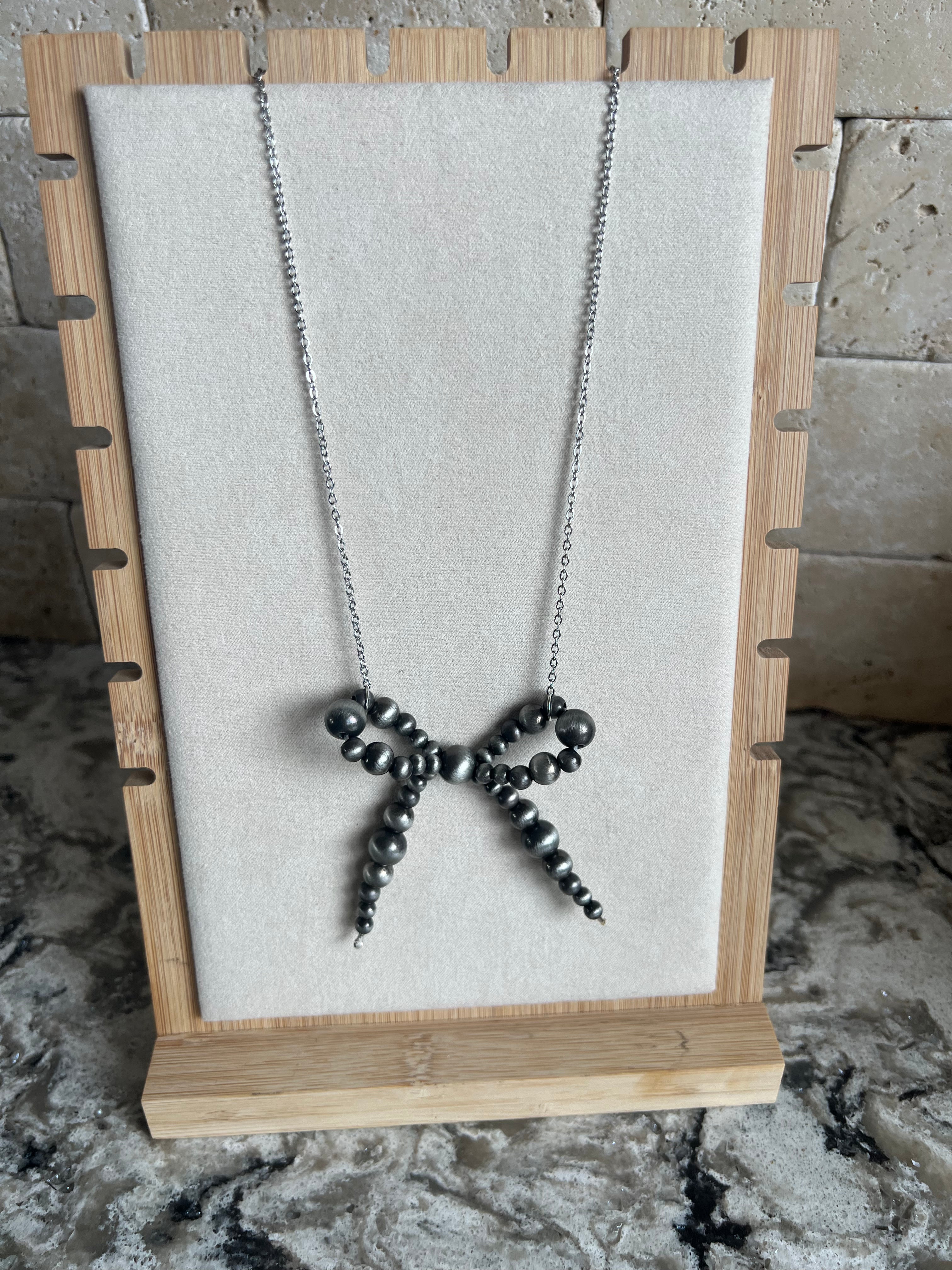 Satin & Steel Bow Necklace (17 inch necklace)
