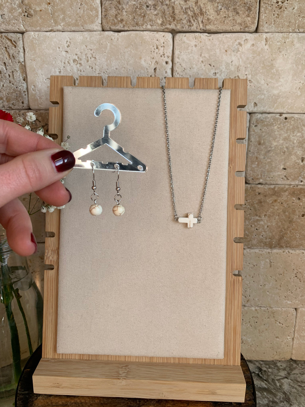 White Turquoise Cross Necklace + Earrings