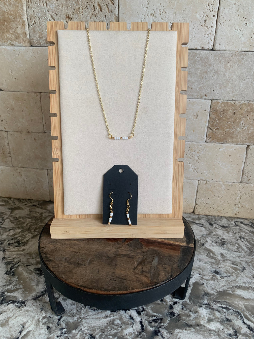 Mini Beaded Bar Necklace with Earrings - 16 Inch Necklace