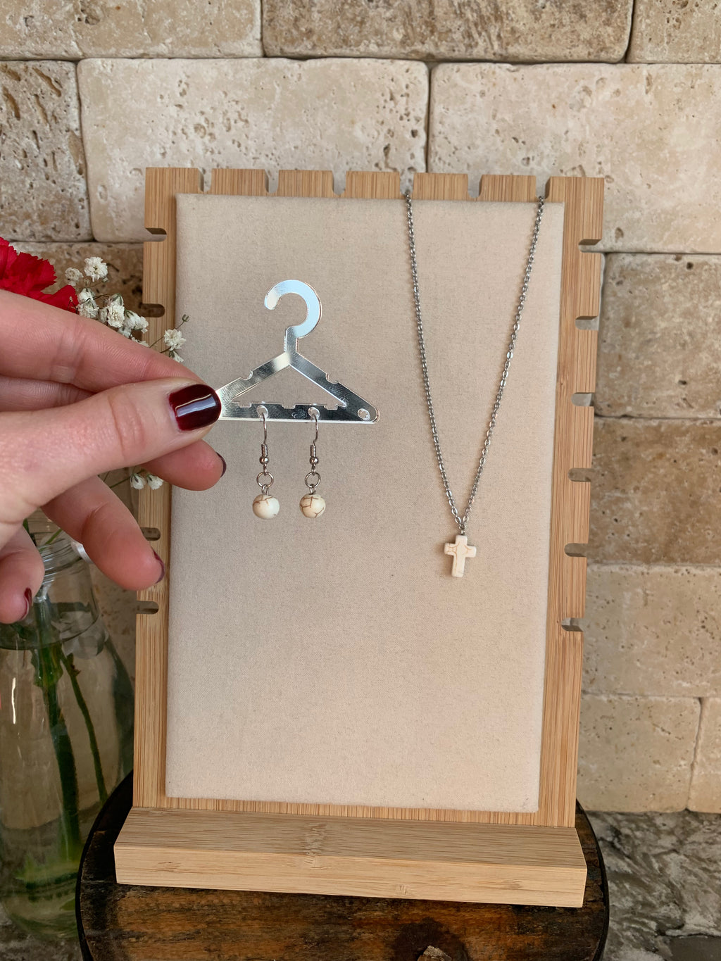 White Turquoise Cross Necklace + Earrings