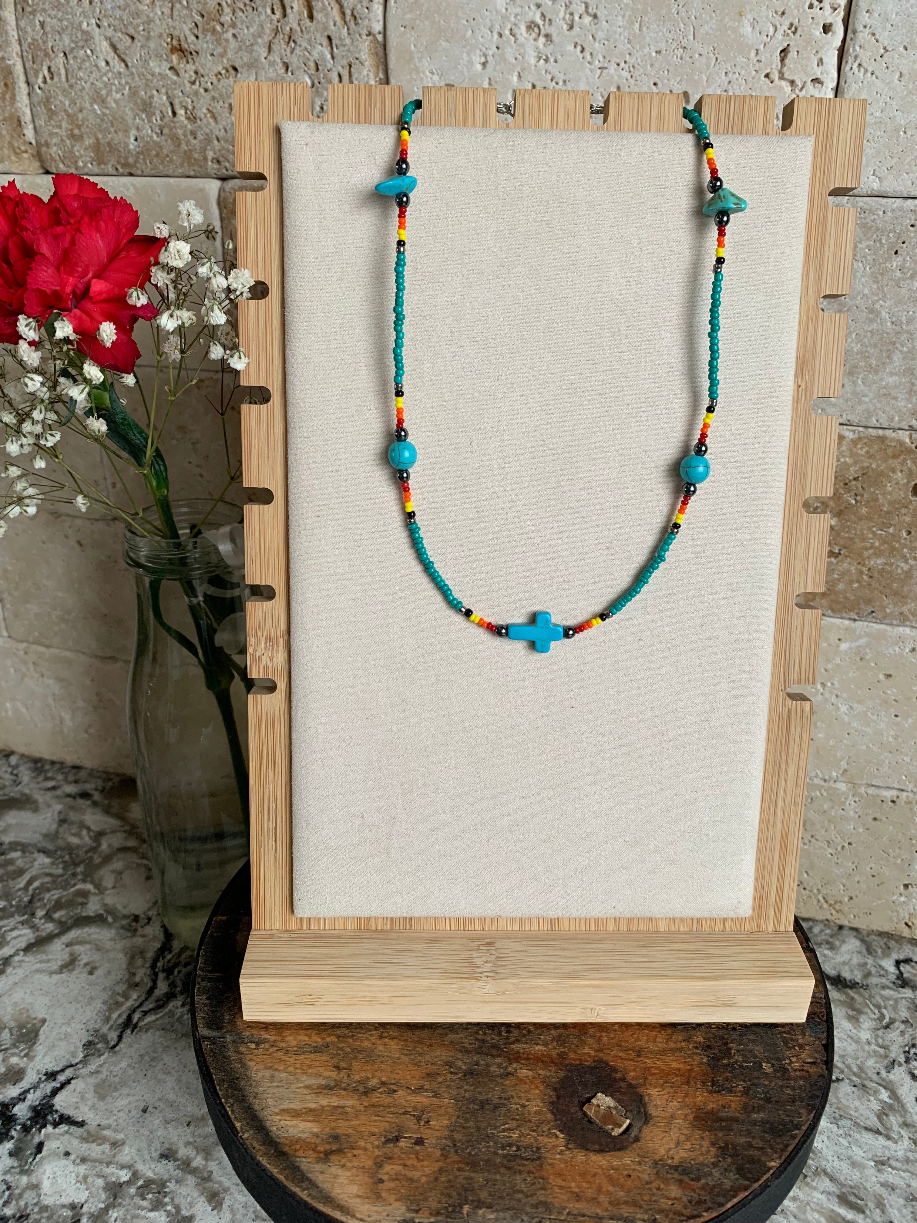 Turquoise Cross Beaded Necklace