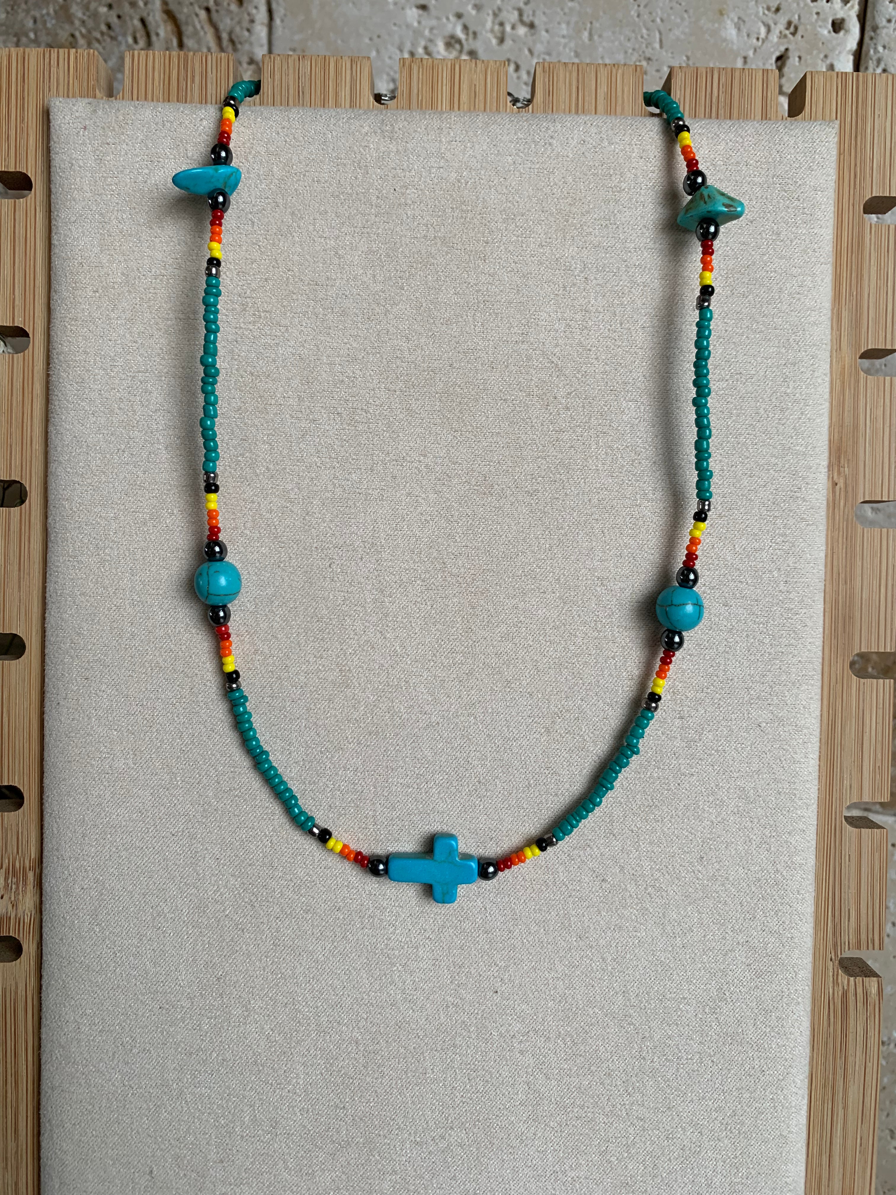 Turquoise Cross Beaded Necklace